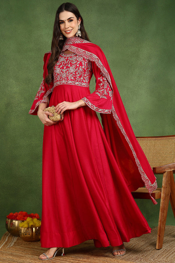 Red Silk Blend Solid Embroidered Anarkali Kurta Set VKSET1535