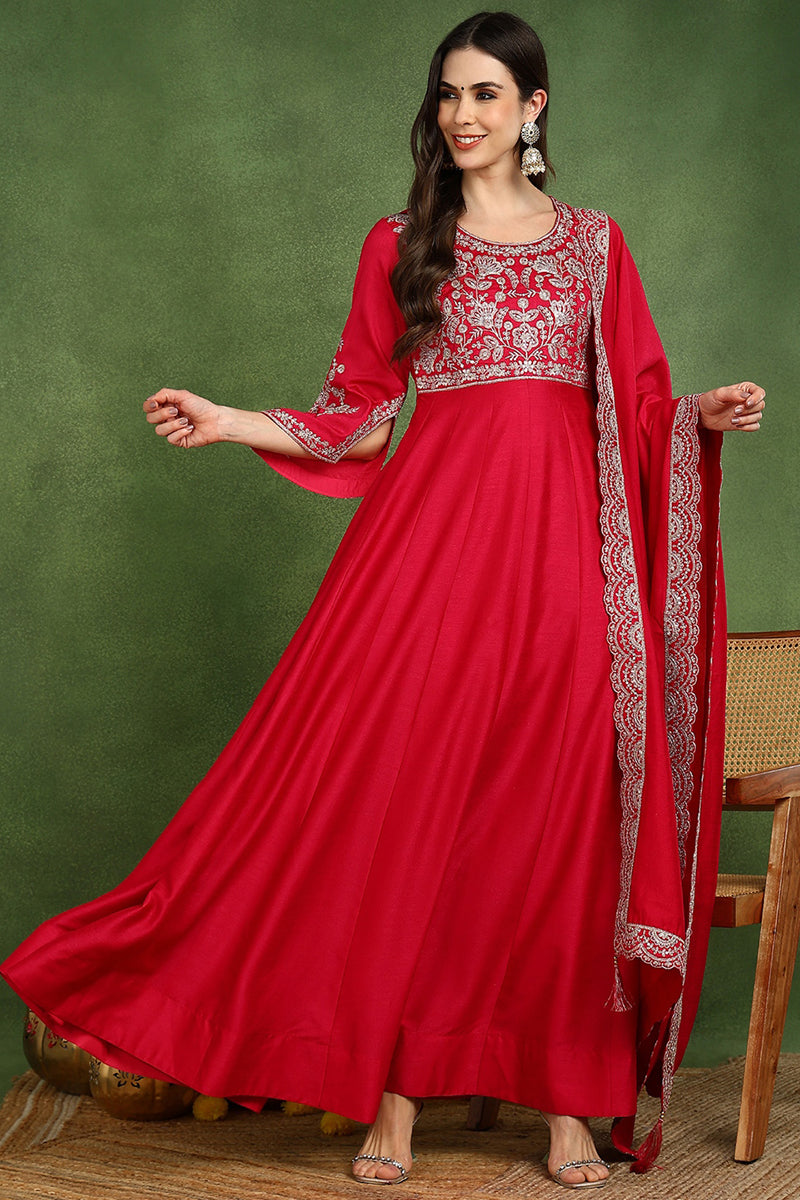 Red Silk Blend Solid Embroidered Anarkali Kurta Set VKSET1535