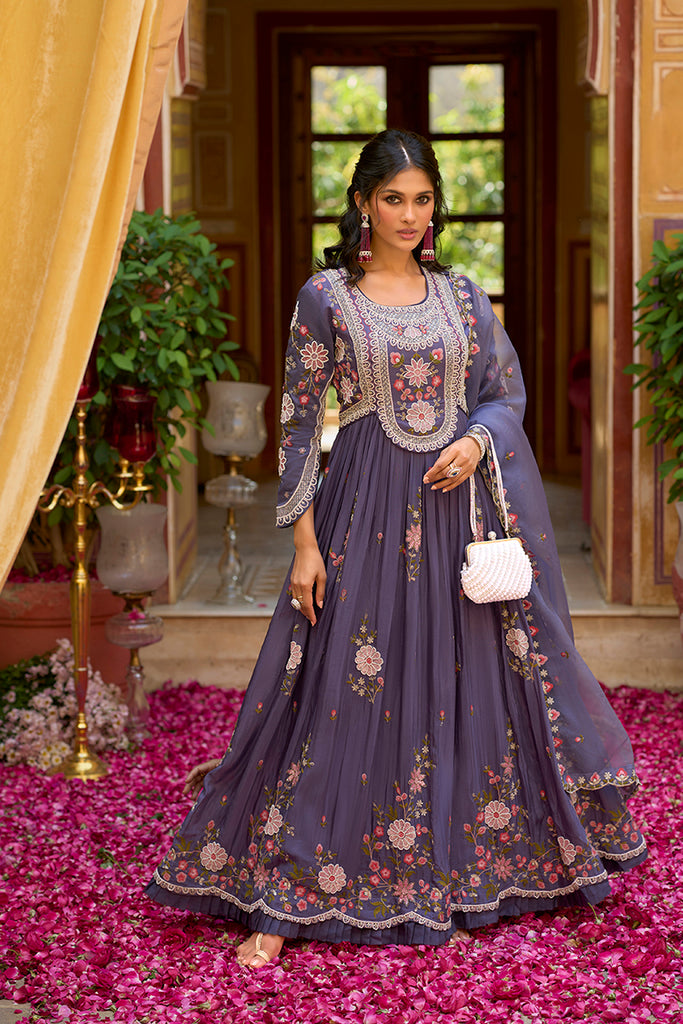 Purple Silk Blend Solid Embroidered Anarkali Gown with Dupatta VKSET1540