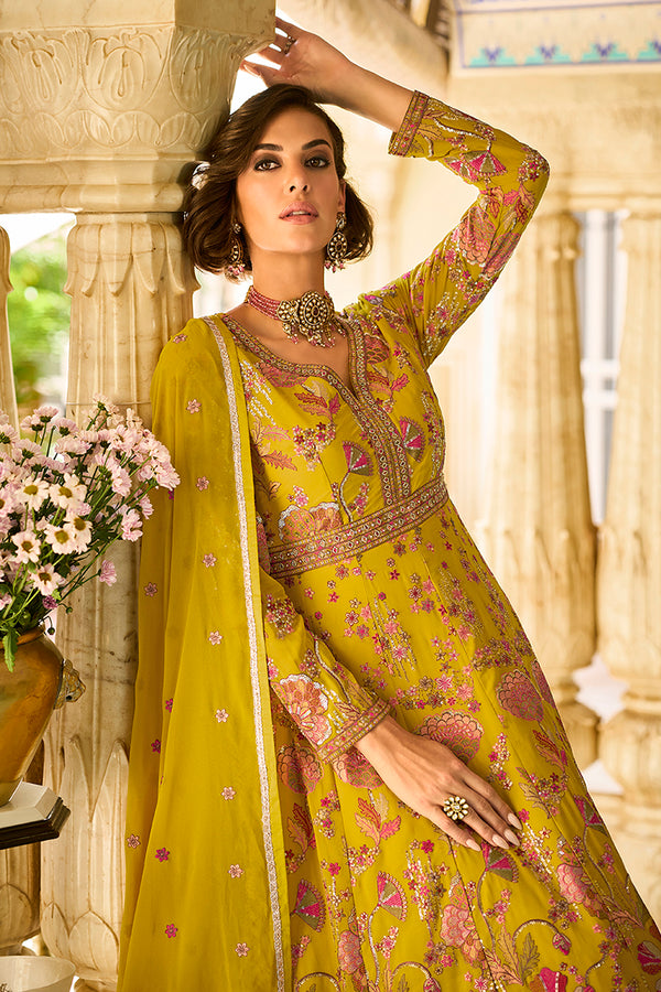 Mustard Georgette Solid Embroidered Anarkali Gown with Dupatta VKSET1553