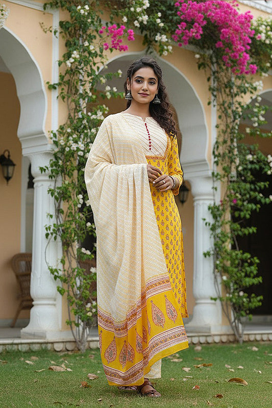 Yellow Rayon Blend Straight Suit Set VKSKD1042