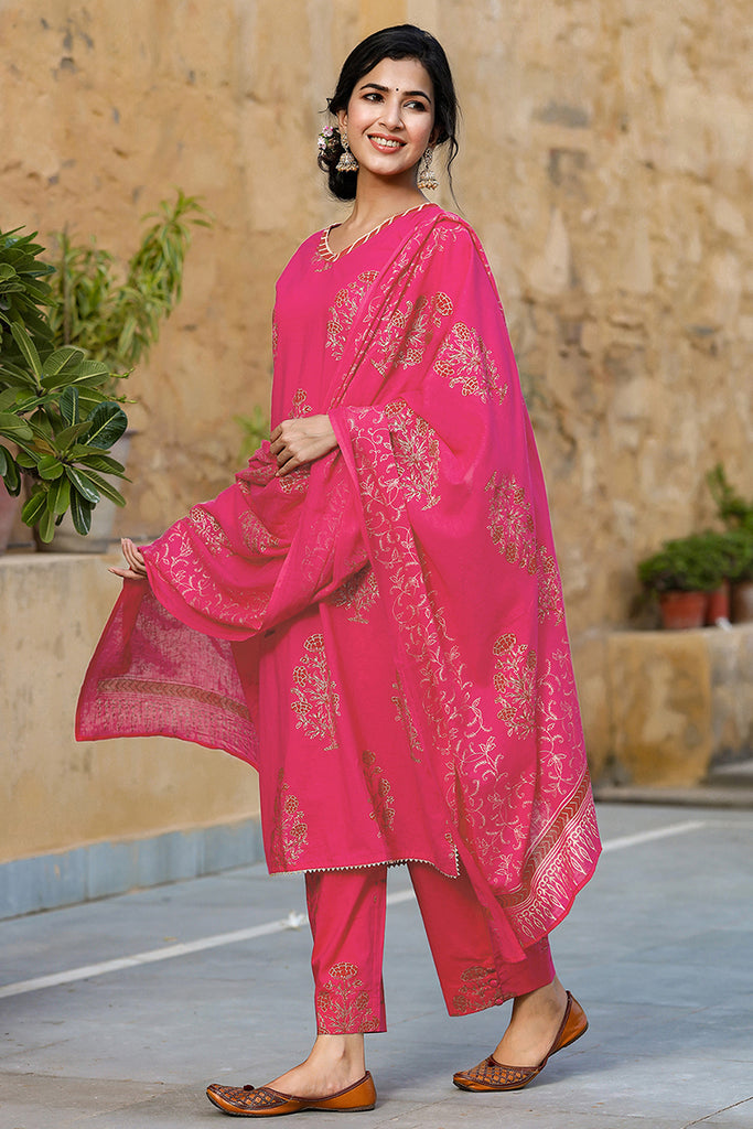 Pink Cotton Straight Suit Set VKSKD1056