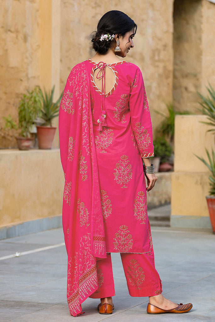 Pink Cotton Straight Suit Set VKSKD1056