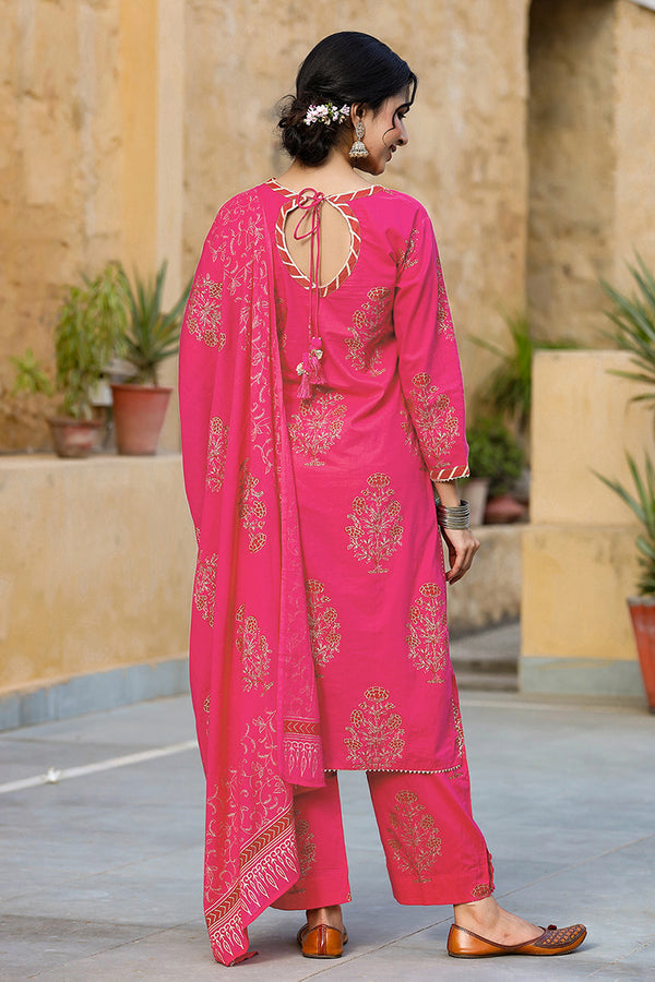 Pink Cotton Straight Suit Set VKSKD1056