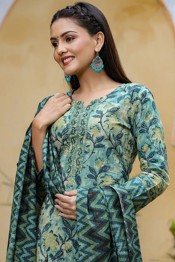 Rayon Blend Teal Ethnic Motifs Printed Straight Kurta Palazzo Dupatta Set VKSKD1091