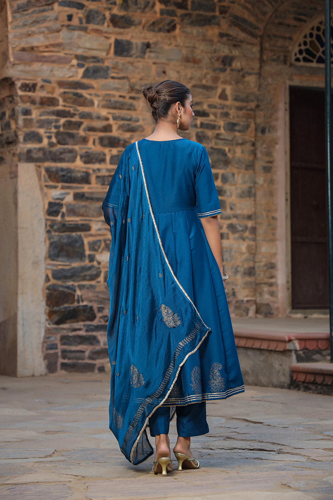 Teal Silk Blend Anarkali Suit Set VKSKD1480