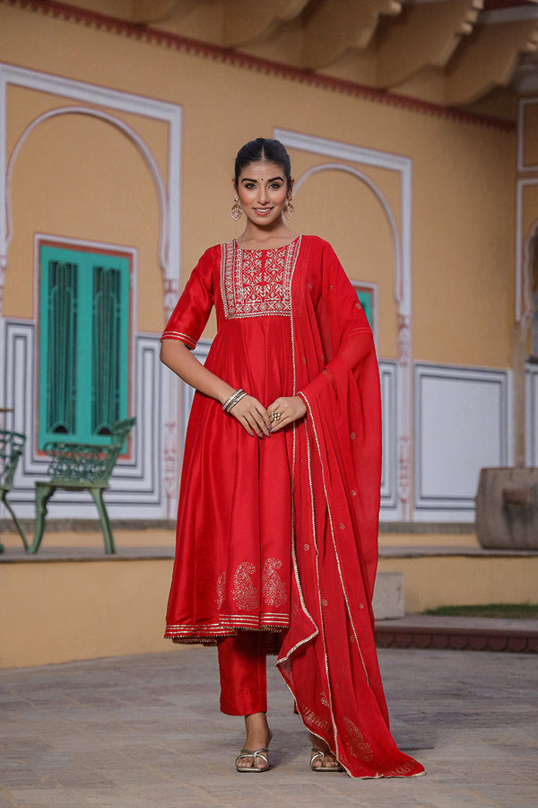 Maroon Pure Cotton Kurta Trousers With Dupatta VKSKD1481