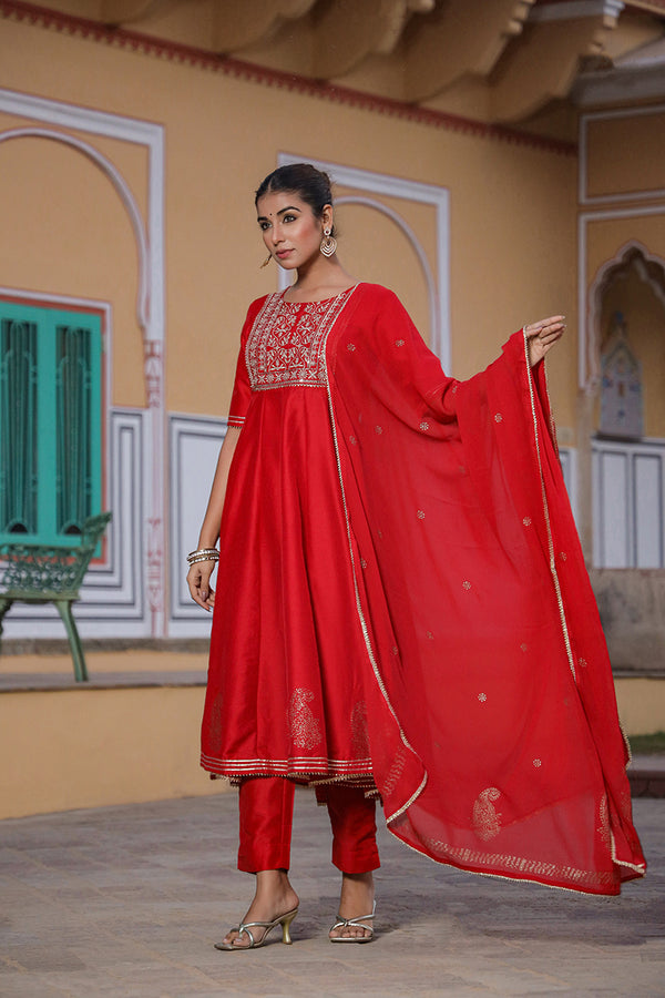 Maroon Pure Cotton Kurta Trousers With Dupatta VKSKD1481