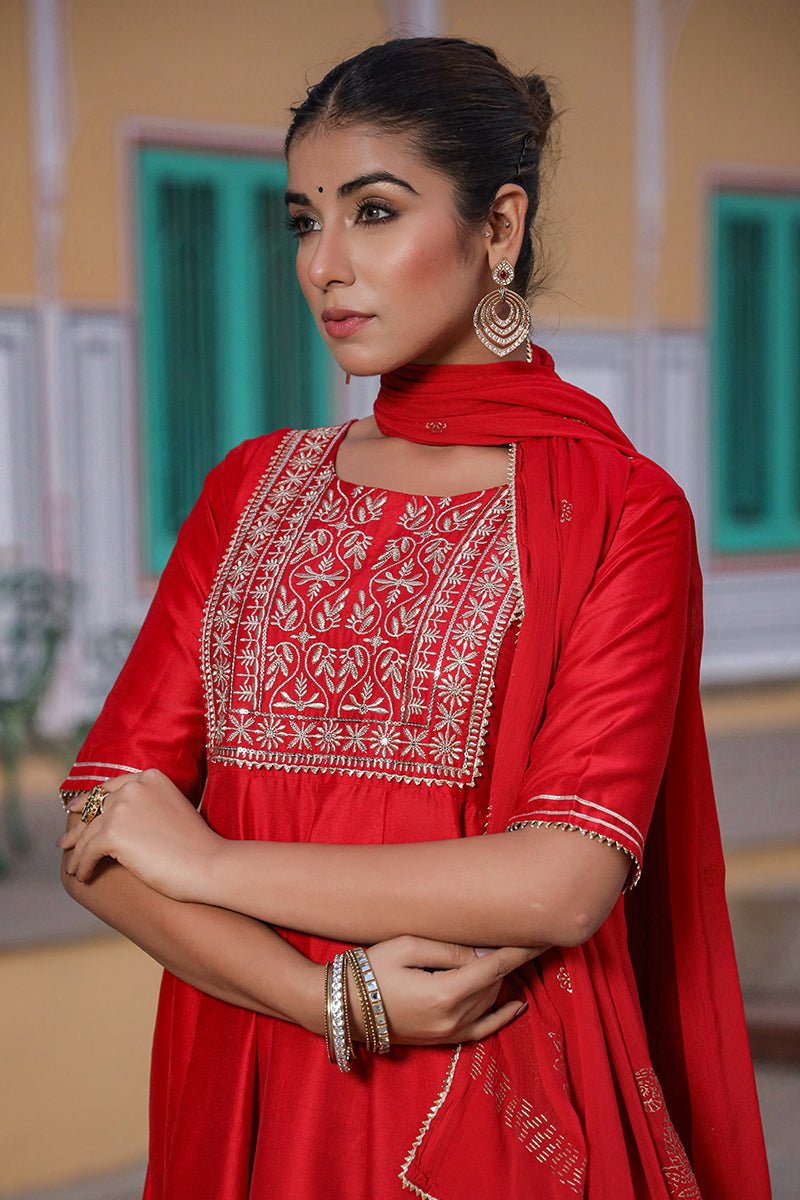Maroon Pure Cotton Kurta Trousers With Dupatta VKSKD1481