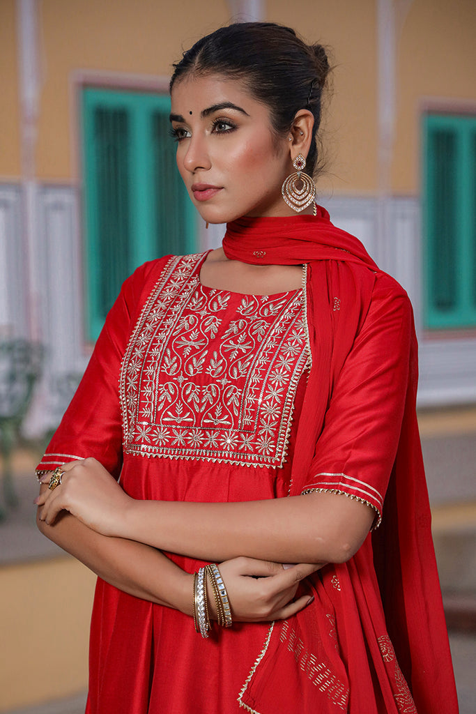 Maroon Pure Cotton Kurta Trousers With Dupatta VKSKD1481