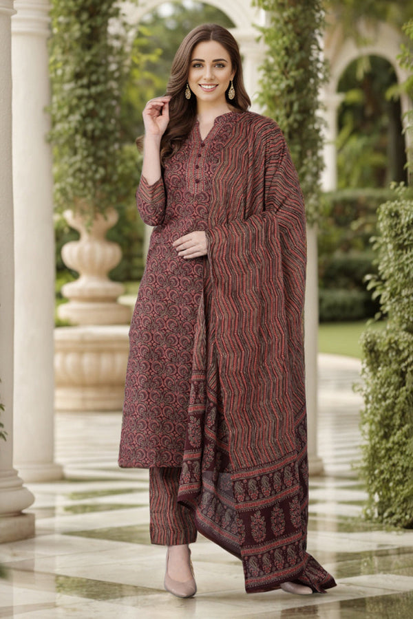  Women Maroon Pure Cotton Kurta Trousers With Dupatta 