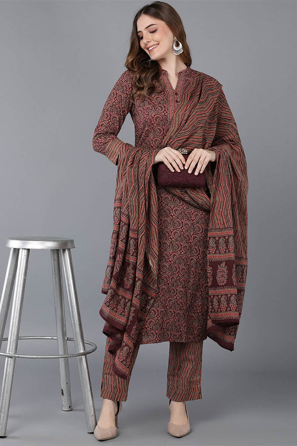 Maroon Rayon Blend straight Kurta Pant With Dupatta VKSKD1544