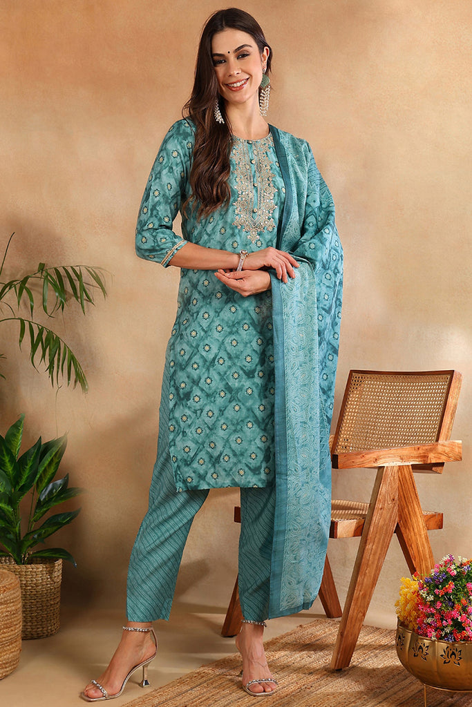 Sea Green Silk Blend Ombre Straight Kurta Trousers With Dupatta VKSKD1688