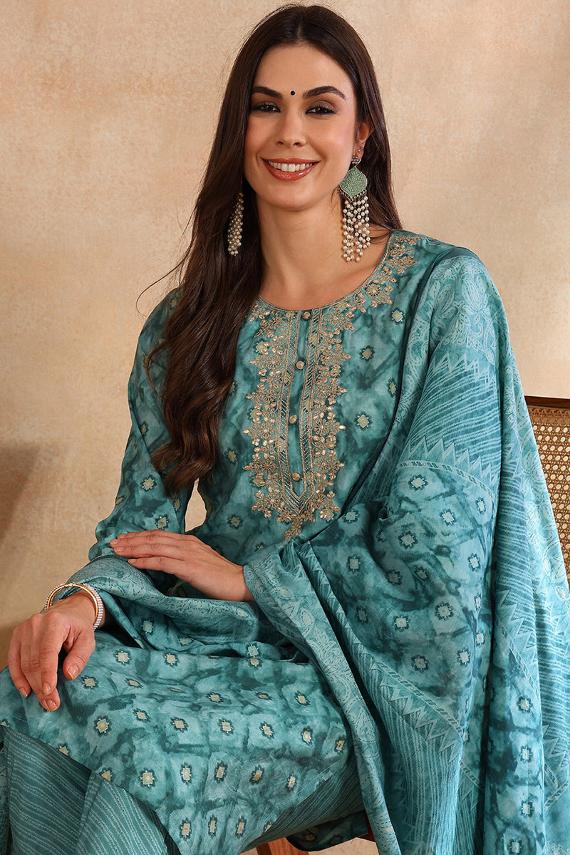 Sea Green Silk Blend Ombre Straight Kurta Trousers With Dupatta VKSKD1688