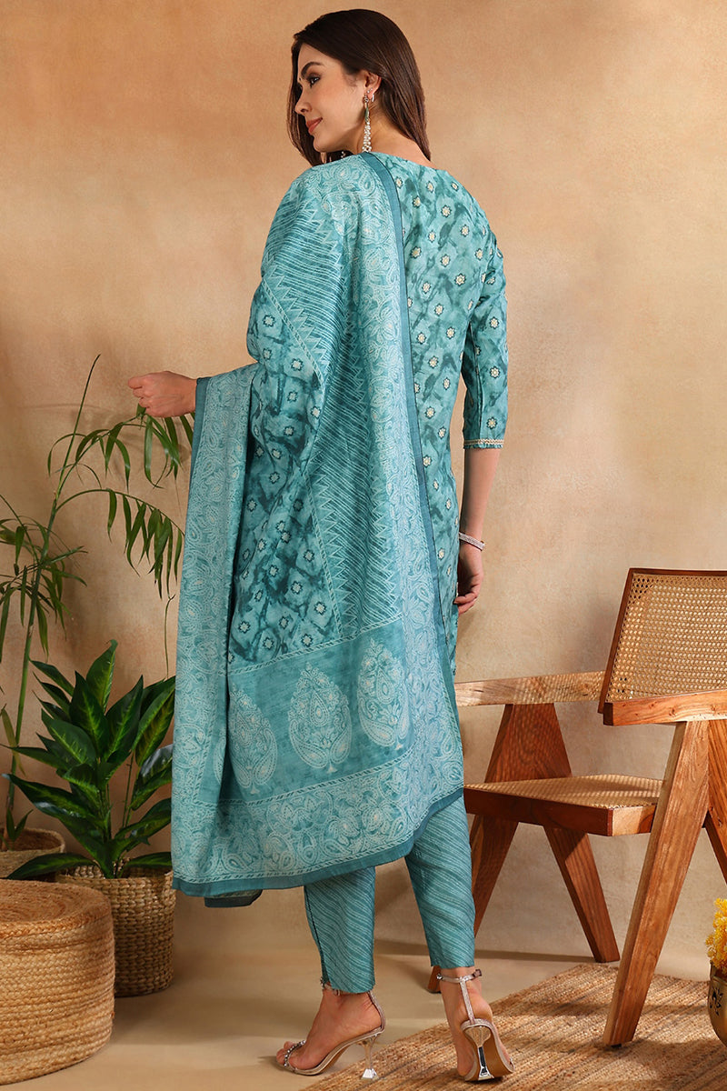 Sea Green Silk Blend Ombre Straight Kurta Trousers With Dupatta VKSKD1688