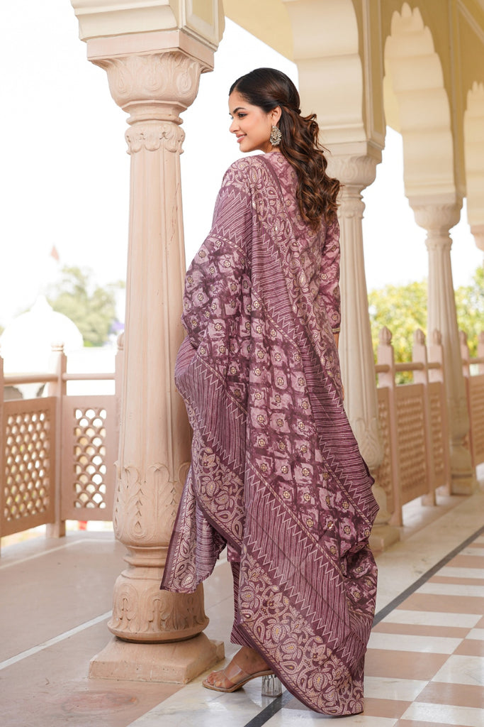 Mauve Silk Blend Ombre Straight Kurta Trousers With Dupatta VKSKD1690