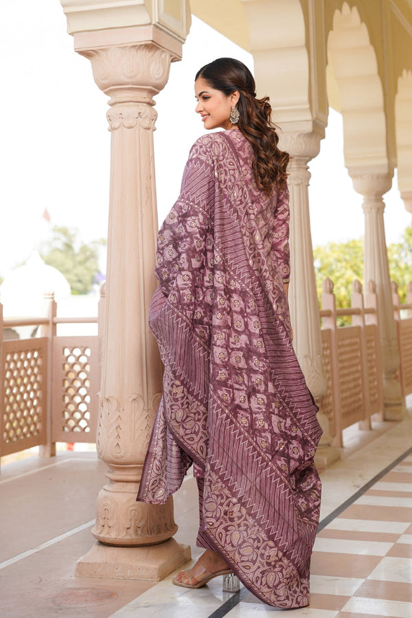 Mauve Silk Blend Ombre Straight Kurta Trousers With Dupatta VKSKD1690