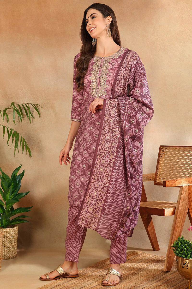 Mauve Silk Blend Ombre Straight Kurta Trousers With Dupatta VKSKD1690