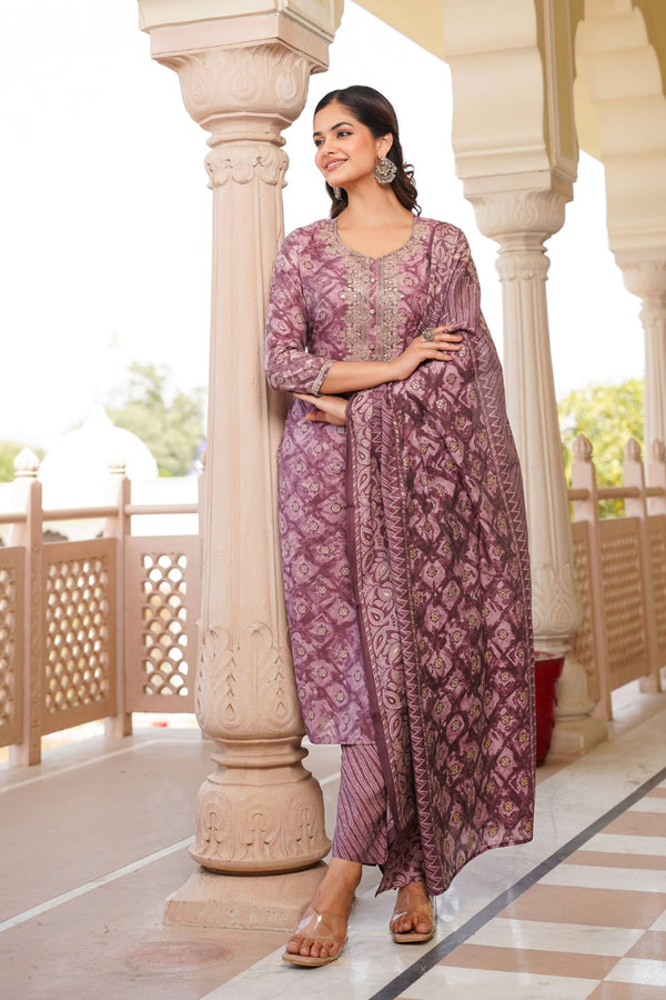 Mauve Silk Blend Ombre Straight Kurta Trousers With Dupatta VKSKD1690
