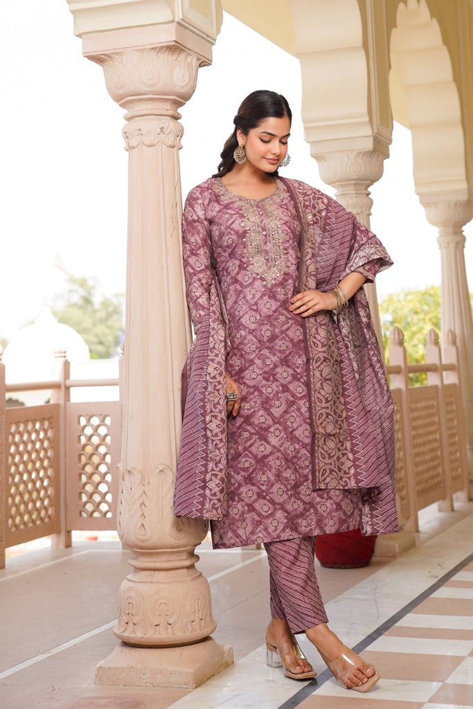 Mauve Silk Blend Ombre Straight Kurta Trousers With Dupatta VKSKD1690