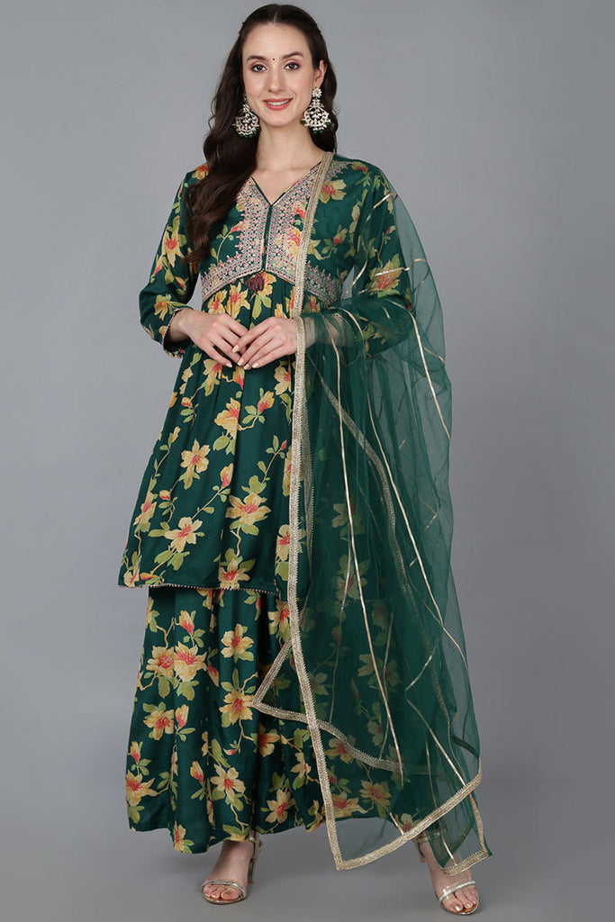 Green Chanderi Silk Floral A-Line Kurta Trousers With Dupatta 