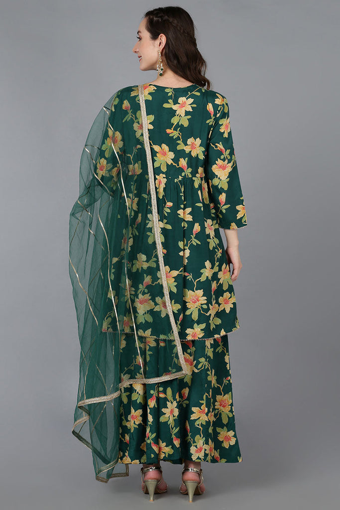 Green Chanderi Silk Floral A-Line Kurta Trousers With Dupatta 