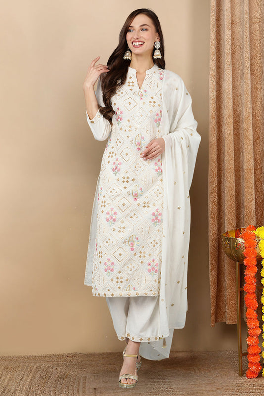 White Pure Cotton Ethnic Motifs Straight Kurta Trousers With Dupatta VKSKD1699