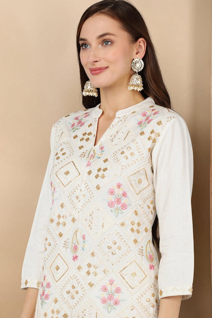 White Pure Cotton Ethnic Motifs Straight Kurta Trousers With Dupatta VKSKD1699