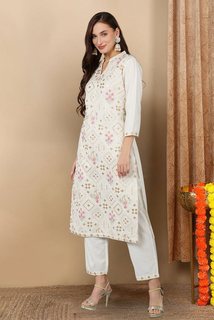 White Pure Cotton Ethnic Motifs Straight Kurta Trousers With Dupatta VKSKD1699