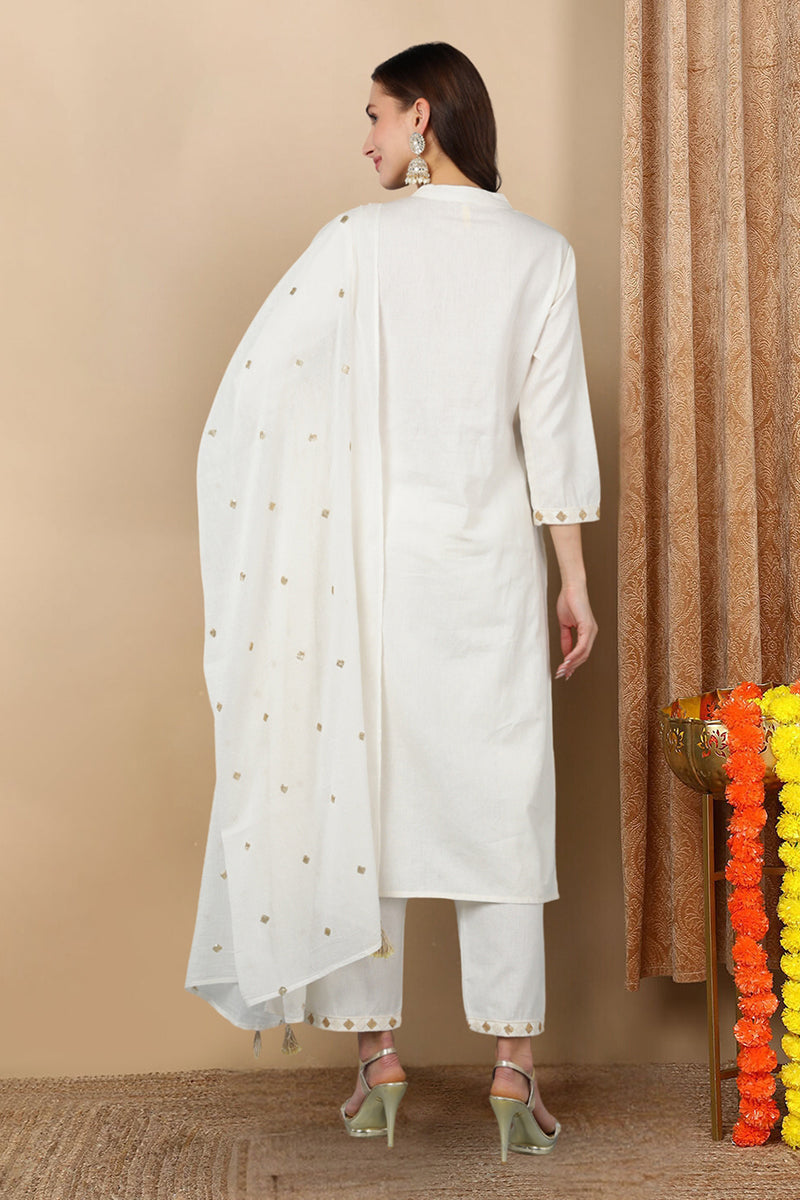 White Pure Cotton Ethnic Motifs Straight Kurta Trousers With Dupatta VKSKD1699