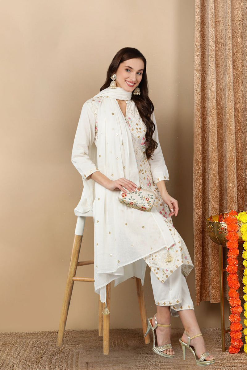 White Pure Cotton Ethnic Motifs Straight Kurta Trousers With Dupatta VKSKD1699