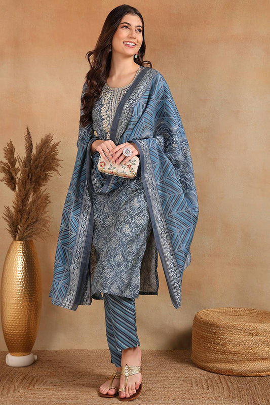 Grey Silk Blend Straight Kurta Pant With Dupatta VKSKD1706