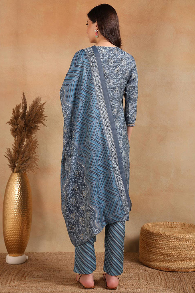 Grey Silk Blend Straight Kurta Pant With Dupatta VKSKD1706