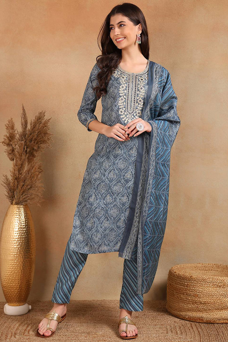 Grey Silk Blend Straight Kurta Pant With Dupatta VKSKD1706