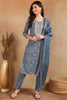 Grey Silk Blend Straight Kurta Pant With Dupatta VKSKD1706