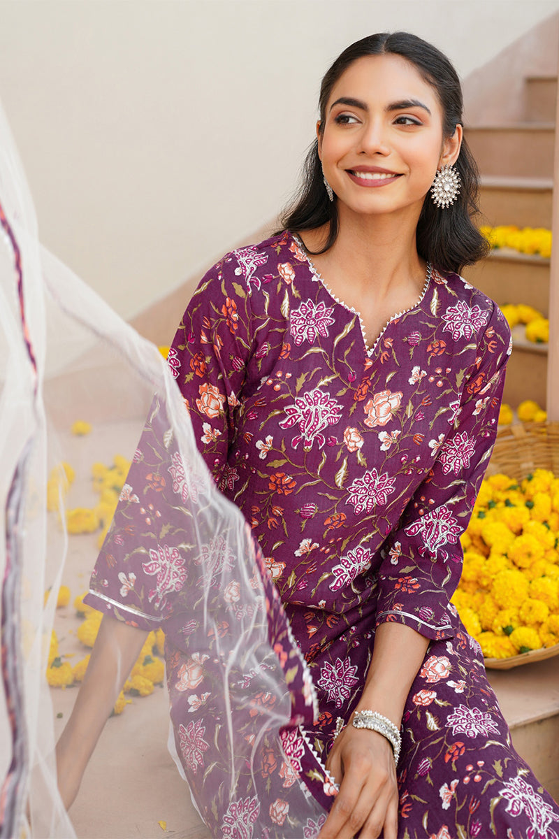 Purple Rayon Blend Floral Straight Kurta Pant With Dupatta VKSKD1712