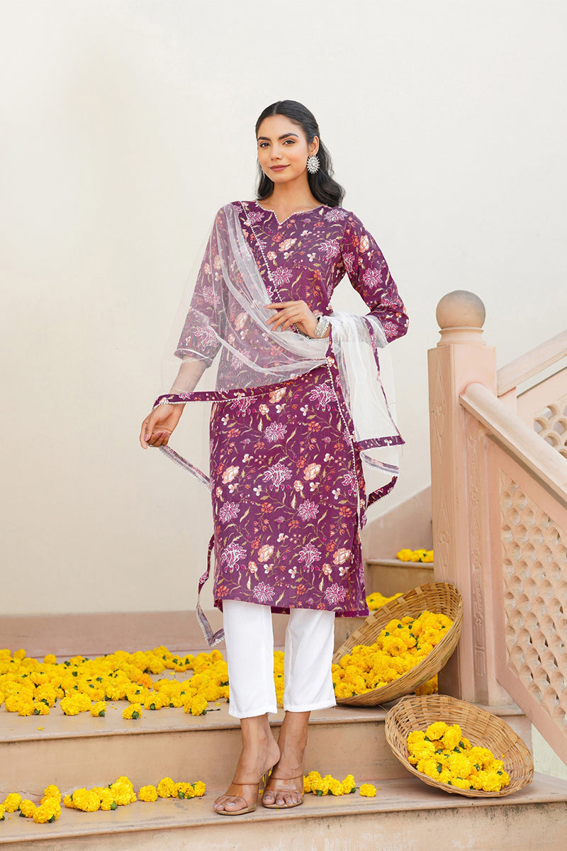 Purple Rayon Blend Floral Straight Kurta Pant With Dupatta VKSKD1712