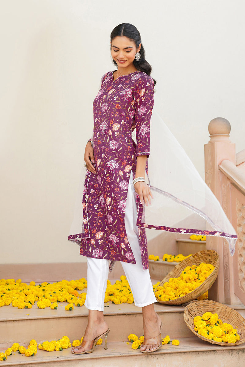 Purple Rayon Blend Floral Straight Kurta Pant With Dupatta VKSKD1712