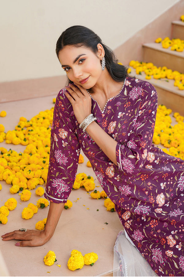 Purple Rayon Blend Floral Straight Kurta Pant With Dupatta VKSKD1712