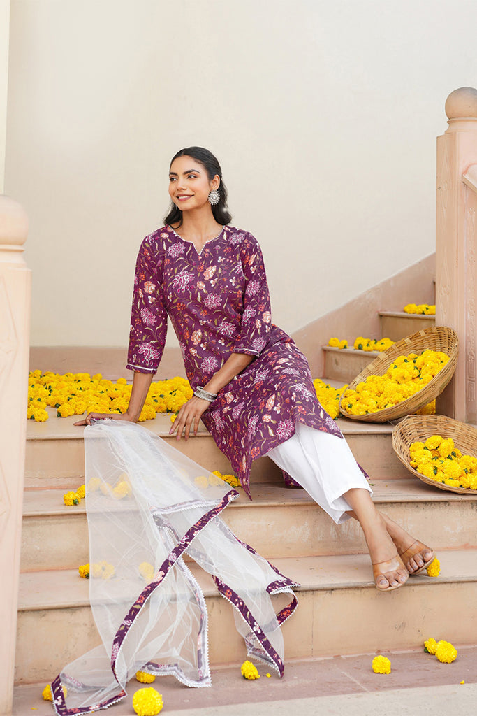 Purple Rayon Blend Floral Straight Kurta Pant With Dupatta VKSKD1712