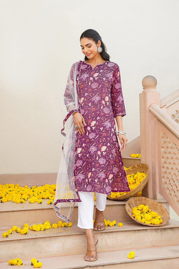 Purple Rayon Blend Floral Straight Kurta Pant With Dupatta VKSKD1712
