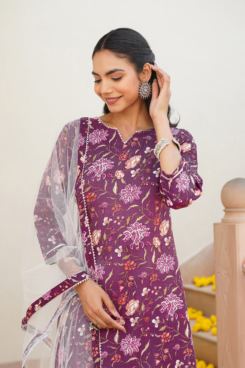 Purple Rayon Blend Floral Straight Kurta Pant With Dupatta VKSKD1712