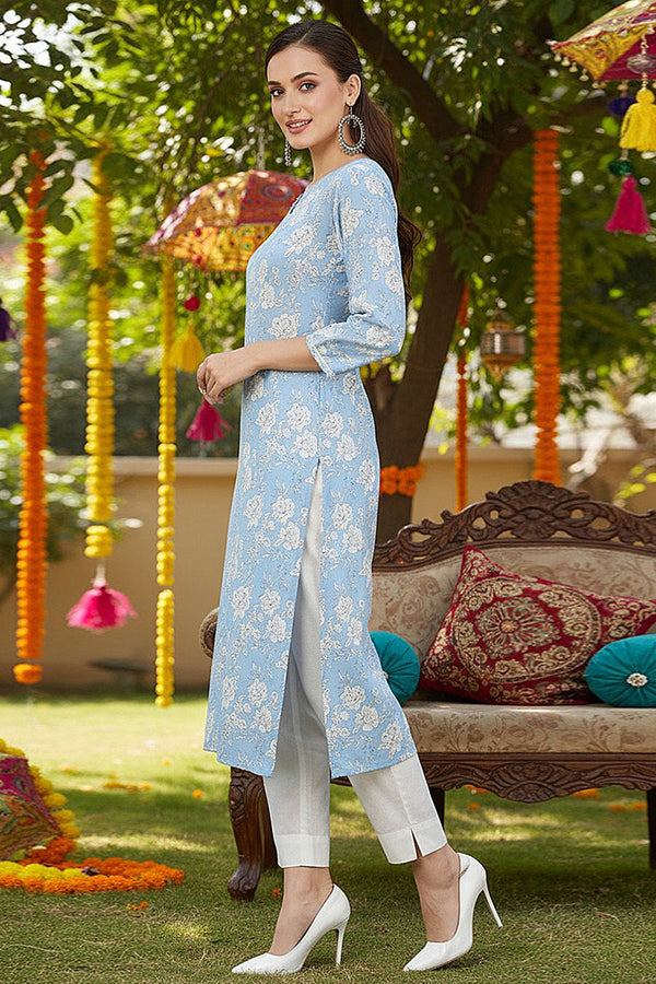 Blue Rayon Blend Floral Straight Kurta Pant With Dupatta VKSKD1716