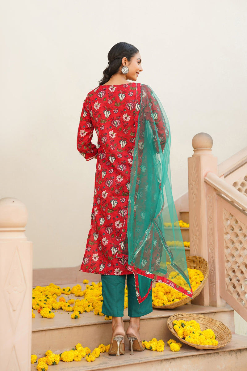 Red Rayon Blend Floral Straight Kurta Pant With Dupatta VKSKD1719