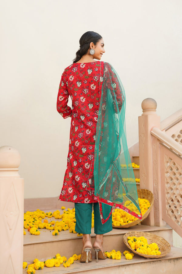 Red Rayon Blend Floral Straight Kurta Pant With Dupatta VKSKD1719