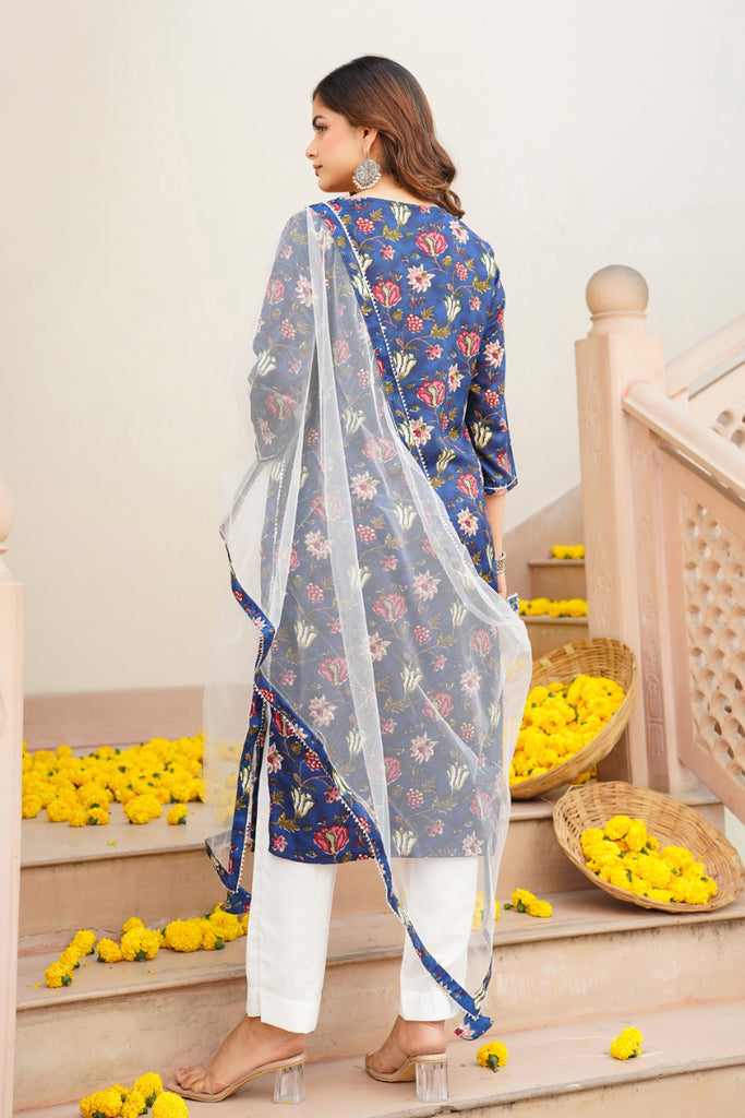 Blue Rayon Blend Printed Kurta Pant With Dupatta VKSKD1720