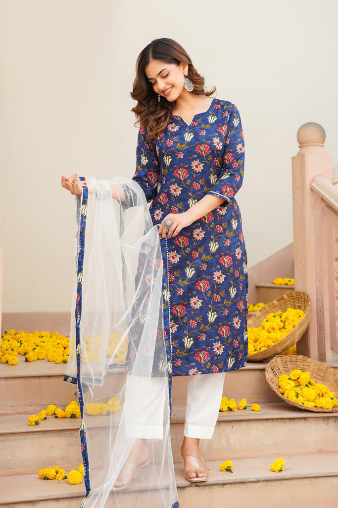 Blue Rayon Blend Printed Kurta Pant With Dupatta VKSKD1720