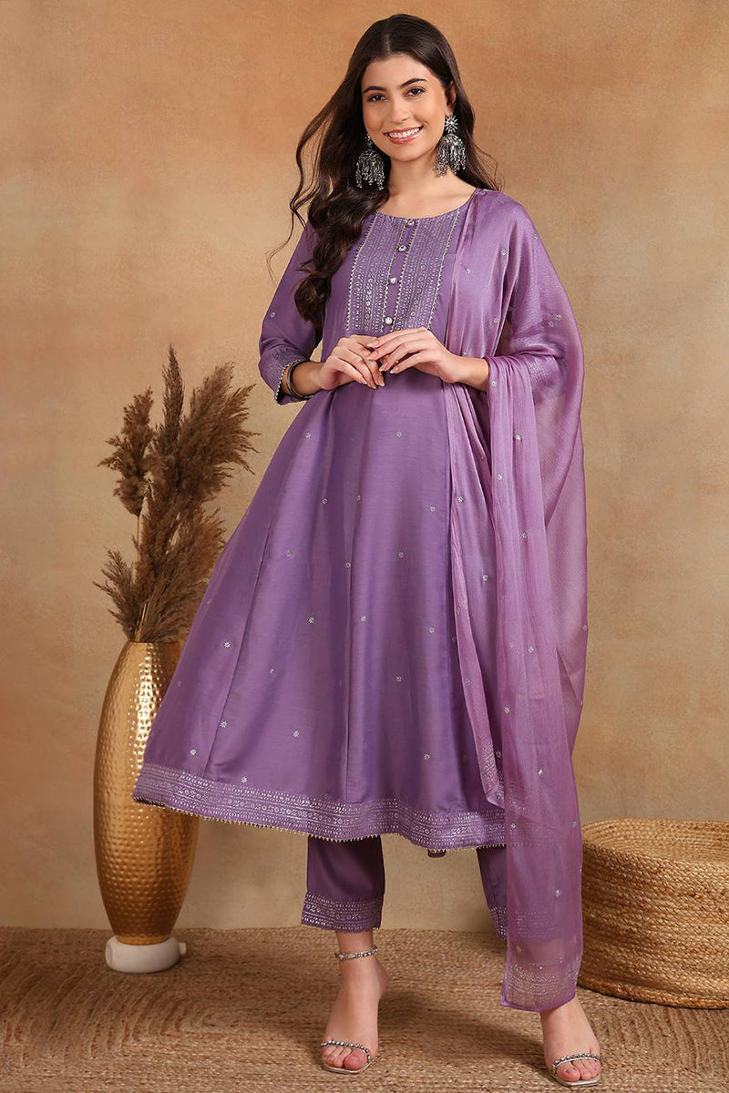 Lavender Silk Blend Anarkali Woven Design Kurta Pant With Dupatta VKSKD1779