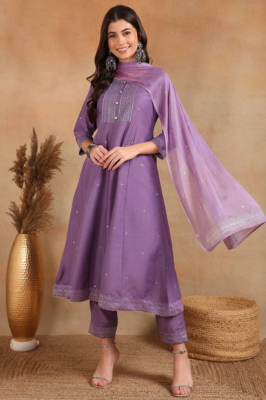 Lavender Silk Blend Anarkali Woven Design Kurta Pant With Dupatta VKSKD1779