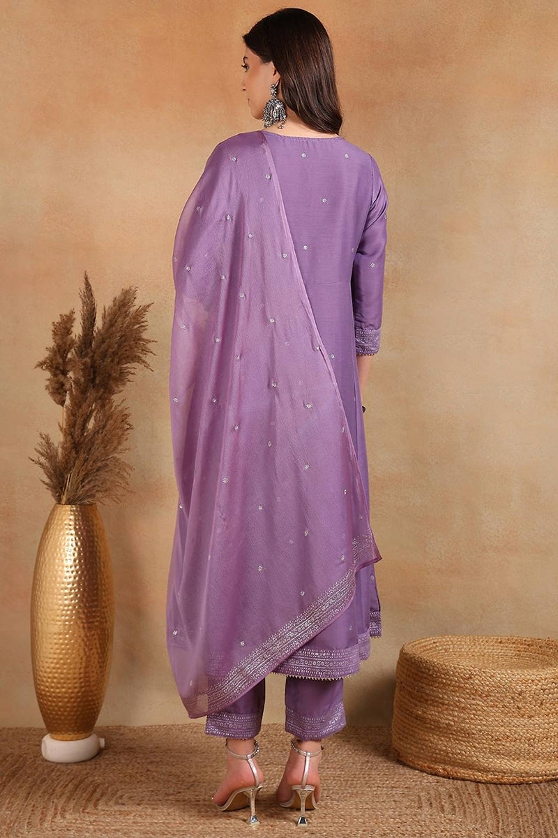 Lavender Silk Blend Anarkali Woven Design Kurta Pant With Dupatta VKSKD1779